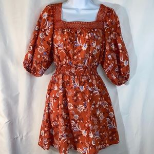 Forever 21 Puff Sleeve Square Neck Orange Floral Dress | Size Medium